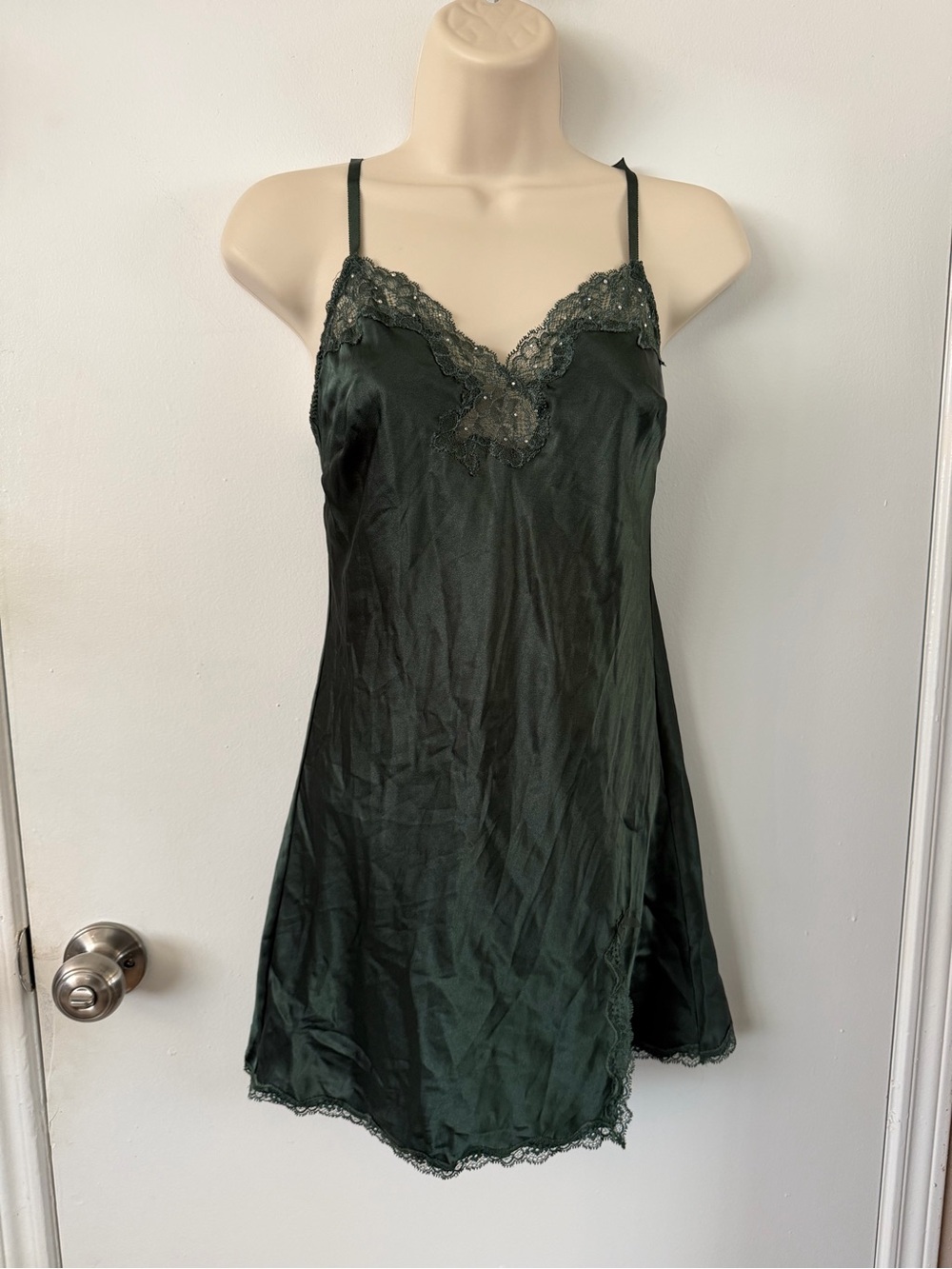 Lace-Trim Satin Slip Dress - Dark Green - XS